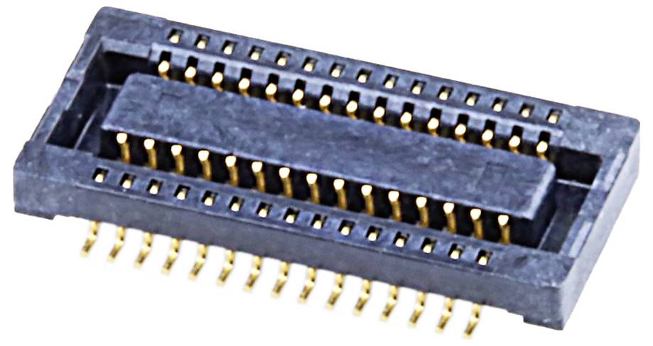 Ein Nahaufnahmebild eines schwarzen elektronischen Steckers mit mehreren Goldstiften, die in parallelen Reihen angeordnet sind und für die Platinenmontage geeignet sind.