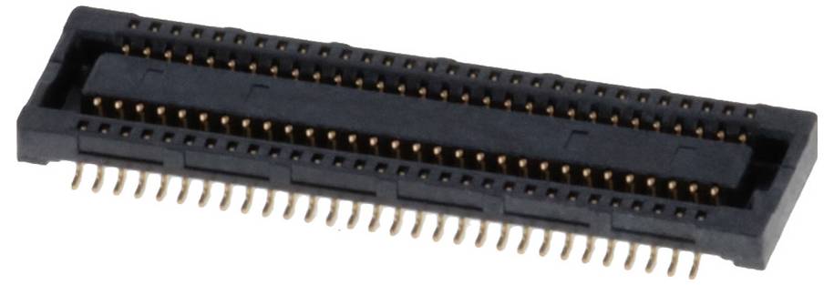 Ein rechteckiger schwarzer elektronischer Stecker mit mehreren Goldstiften, konzipiert für Schaltkreisplatinen-Verbindungen.
