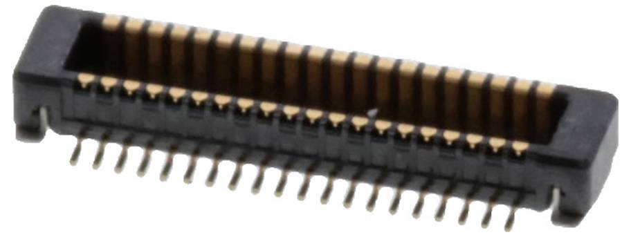 Ein schwarzer und goldener elektrischer Stecker mit mehreren Stiften, der für elektronische Leiterplatten entwickelt wurde, aus einer Schrägansicht betrachtet.