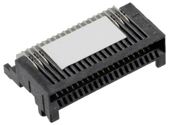 Eine Nahaufnahme eines schwarzen elektronischen Steckers mit zahlreichen Metallstiften und einer weißen Beschriftung oben, der für technische Anwendungen verwendet wird.