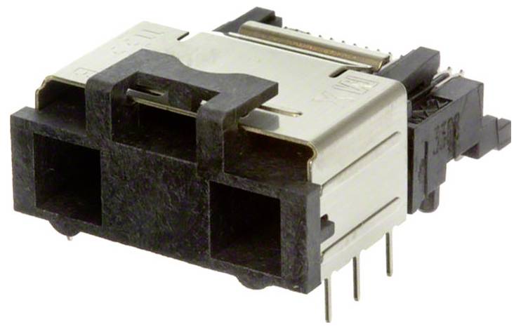 Eine Nahaufnahme eines elektronischen Steckers mit metallischen Stiften und einem rechteckigen, schwarz-silbernen Gehäuse, das für Leiterplattenbindungen verwendet wird.