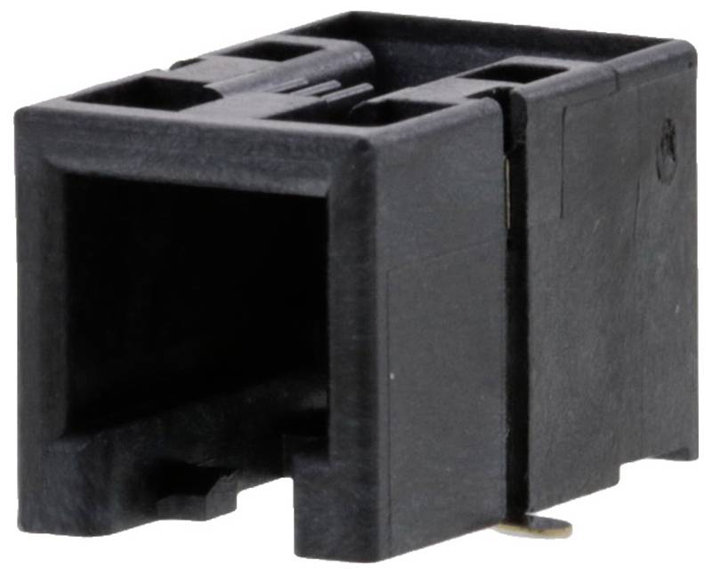 Ein schwarzes Kunststoff-Verbindungsgehäuse mit rechteckiger Öffnung und Kerbe am unteren Ende, das zum Sichern von elektrischen Verbindungen verwendet wird.