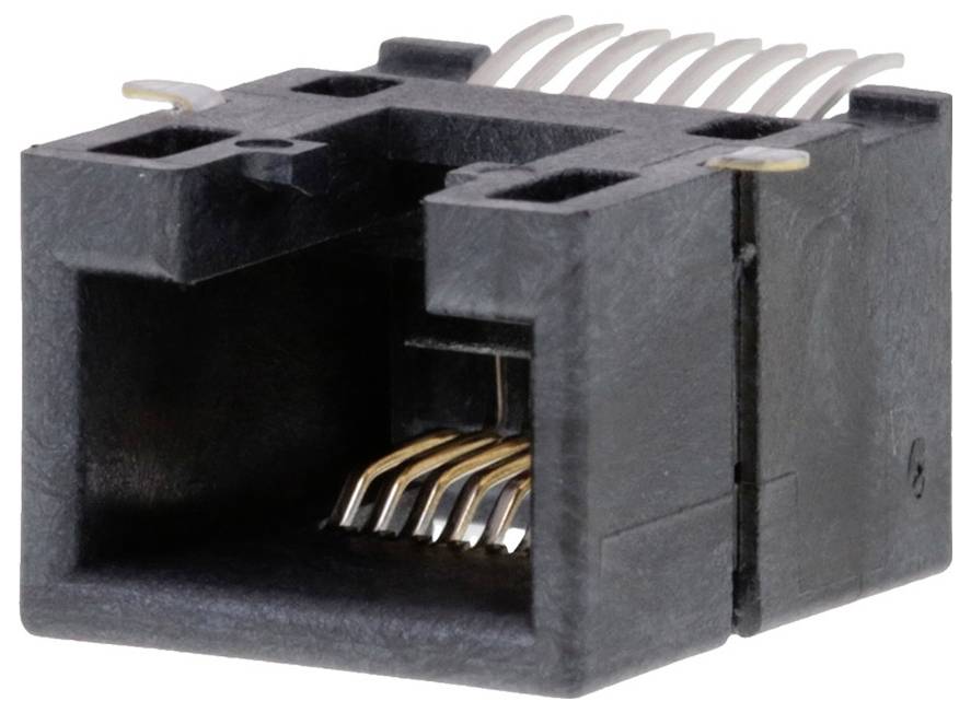 RJ45-Ethernet-Buchse mit acht Metallkontakten, wird zum Verbinden von Netzwerkkabeln verwendet. Schwarzes Kunststoffgehäuse mit Stiften auf der Rückseite.