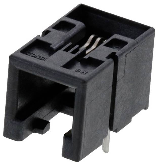 Ein schwarzer Kunststoff-RJ45-Modularbuchse mit Metallstiftkontakten, verwendet für Ethernet- oder Telekommunikationsanwendungen.