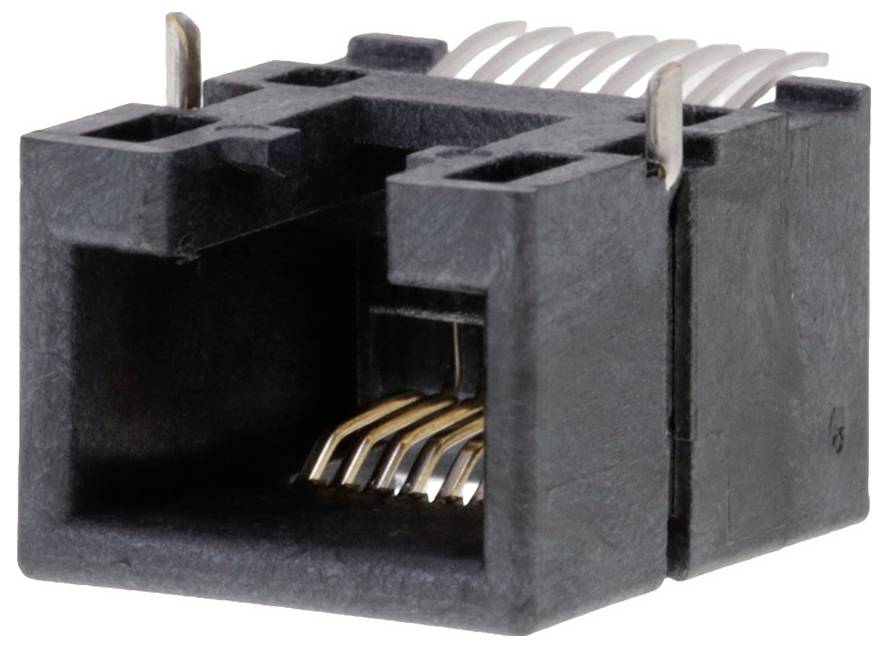 „Nahaufnahme eines schwarzen Ethernet-Steckers mit goldfarbenen Metallkontakten im Inneren und weißen Drähten oben, verwendet für Netzwerkkabelverbindungen.