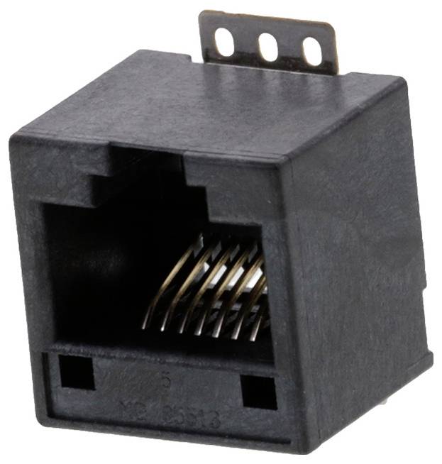 Ein schwarzer RJ45-Modularbuchse mit acht vergoldeten Kontakten, verwendet für Ethernet-Netzwerk.