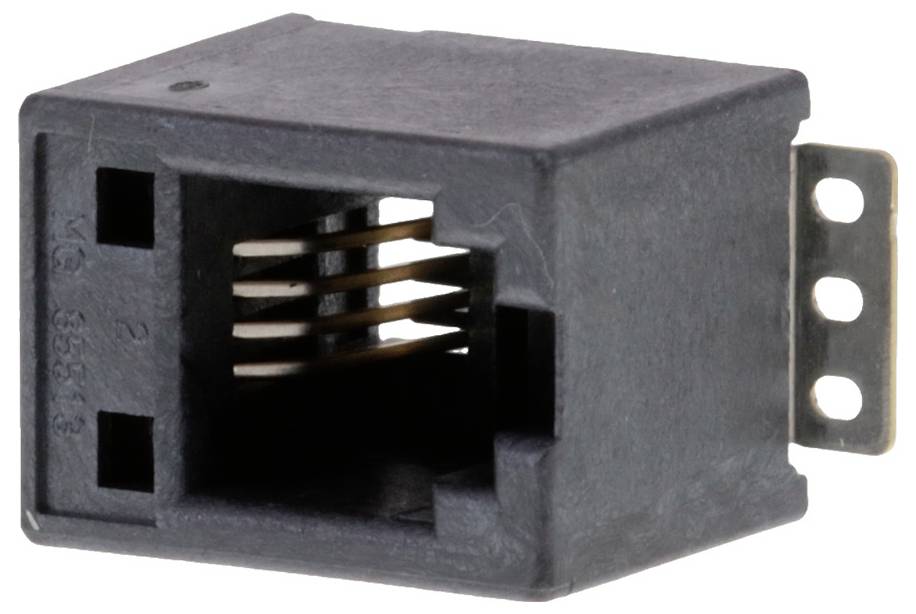 Ein schwarzes modulares RJ45-Buchse mit seitlichen Montagelaschen, das für Netzwerkkabelverbindungen verwendet wird und die Metallkontakte im Inneren des Steckers zeigt.