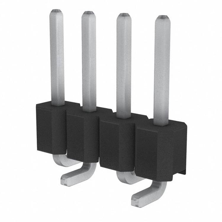 Ein schwarzer Elektronik-Steckverbinder mit vier Metallstiften, der zum Herstellen von elektrischen Verbindungen auf einer Leiterplatte verwendet wird.