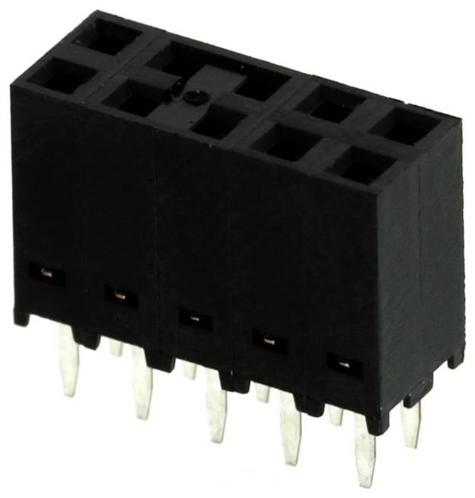 „Ein vierpol-Buchsenleistenstecker mit schwarzem Kunststoffgehäuse und Metallstiften, der zum Verbinden elektronischer Komponenten auf einer Leiterplatte verwendet wird.