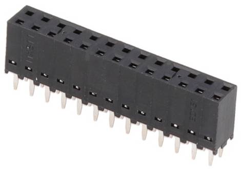 Schwarzer Stiftleisten-Verbinder mit zwei Pinreihen, verwendet für elektrische Verbindungen auf Leiterplatten.