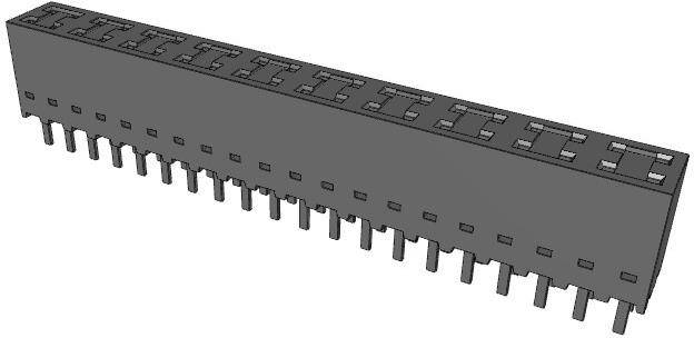 Ein langes, rechteckiges elektronisches Steckverbindungselement mit mehreren Stiften, die in zwei parallelen Reihen angeordnet sind und zum Verbinden von Geräten oder Komponenten verwendet werden.