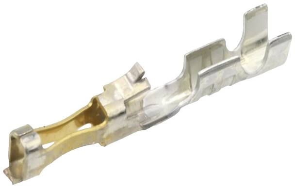 Ein metallischer Steckkontakt mit gebogener Form. Geeignet für elektrische Verbindungen in elektronischen Geräten.