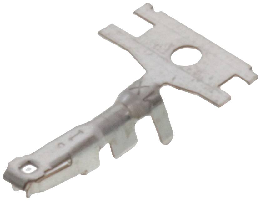 Ein Flachstecker-Kontakt, der in elektrischen Verbindungen verwendet wird, mit einem flachen, rechteckigen Ende für die Befestigung.