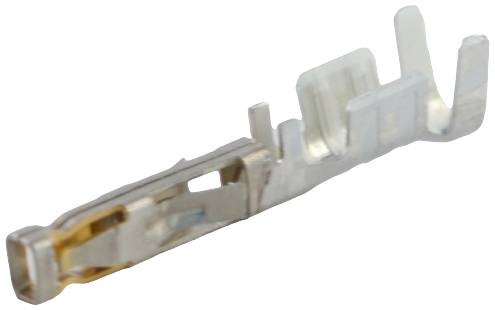 Metallischer Elektrokontakt, flach und rechteckig, mit drei Befestigungslaschen, geeignet zur Verbindung in elektrischen Steckverbindungen.