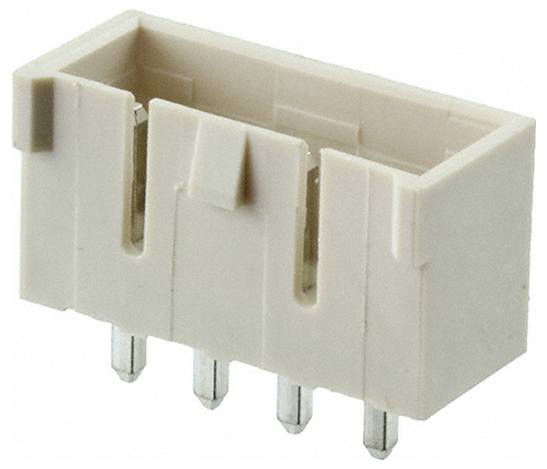 Ein beiger, rechteckiger Kunststoffstecker mit vier Metallstiften, aus einem Winkel betrachtet.
