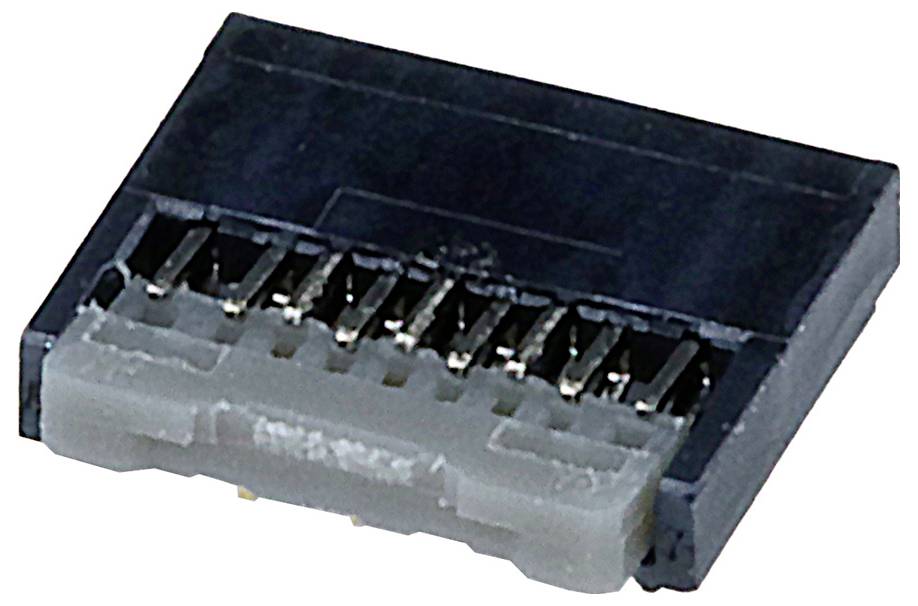 Ein kleiner schwarzer Stecker mit mehreren Metallstiften, verwendet zum Verbinden elektronischer Komponenten, vor einem einfachen Hintergrund dargestellt.