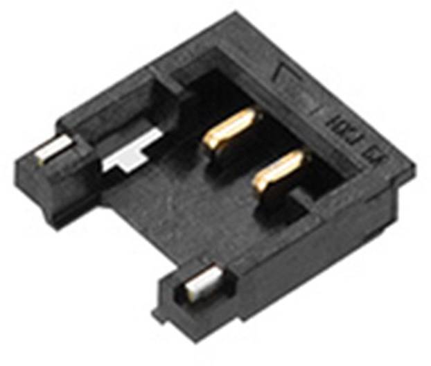 Eine schwarze Kunststoffbasis mit zwei Metallstiften, wahrscheinlich ein Teil einer elektronischen oder elektrischen Steckerkomponente.