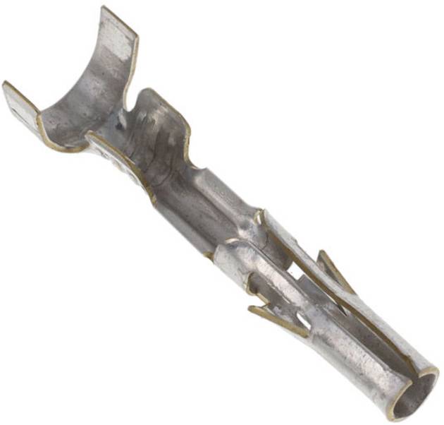 Ein Metallsteckkontakt mit Crimpklemmen und einem Rohrbereich zum Befestigen von Drähten, der in elektrischen Verbindungen verwendet wird.