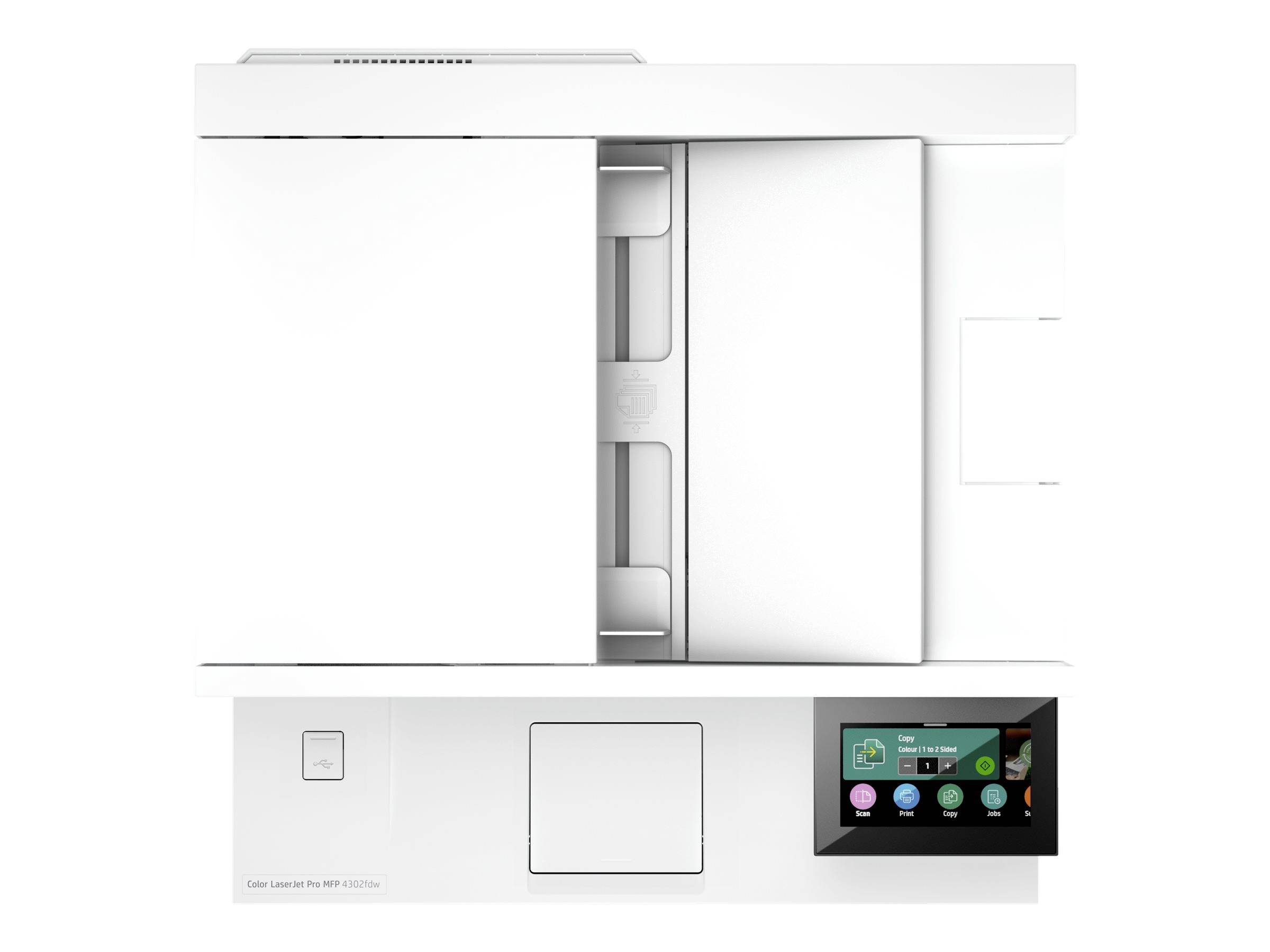 Ein weißer Drucker mit einem digitalen Display, auf dem verschiedene bunte Symbole zu sehen sind. Der Drucker hat eine glatte, moderne Oberfläche.