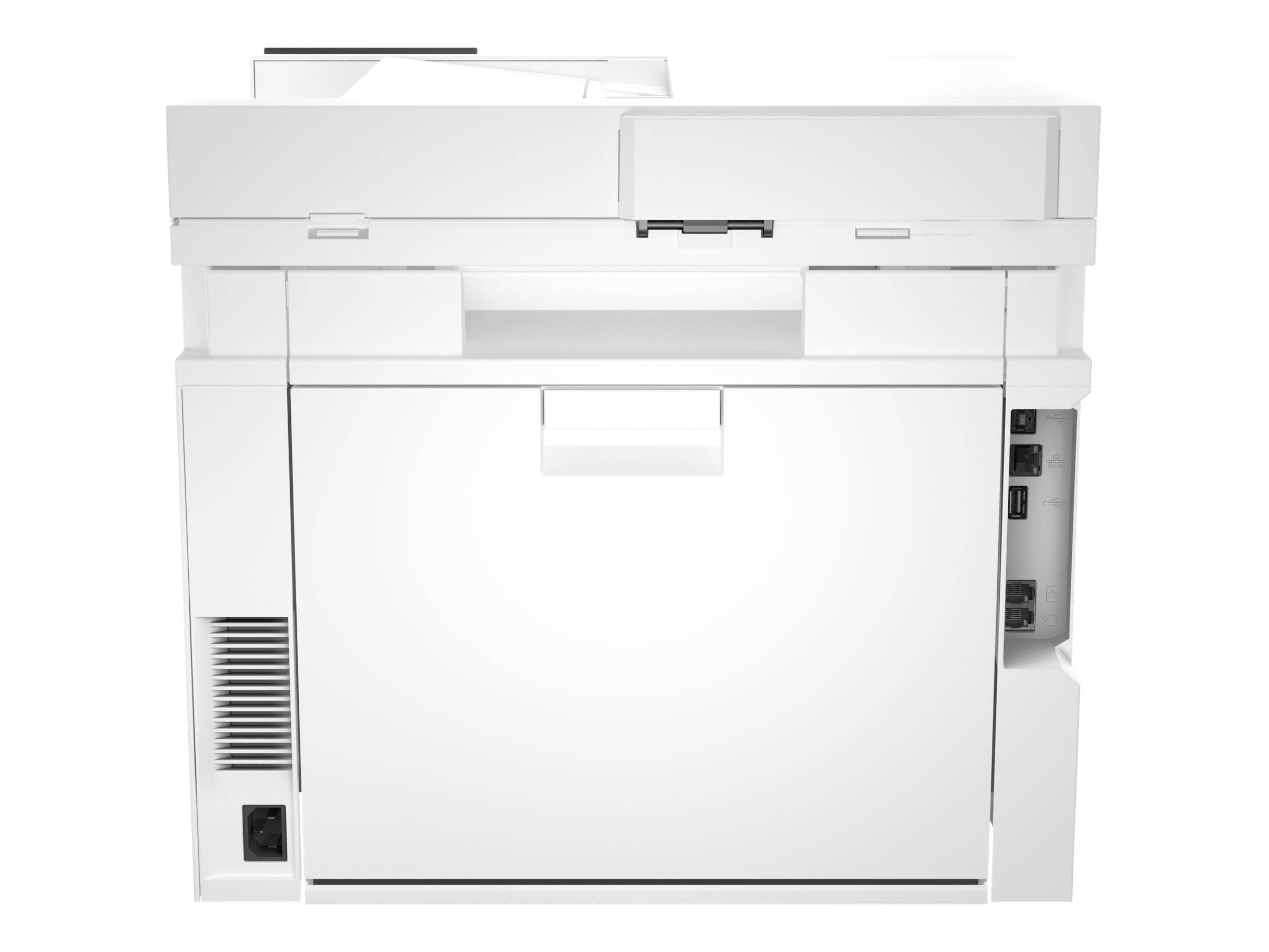 Ein weißer Multifunktionsdrucker mit mehreren Einschüben und Anschlüssen, geeignet für Büro- oder Heimgebrauch.