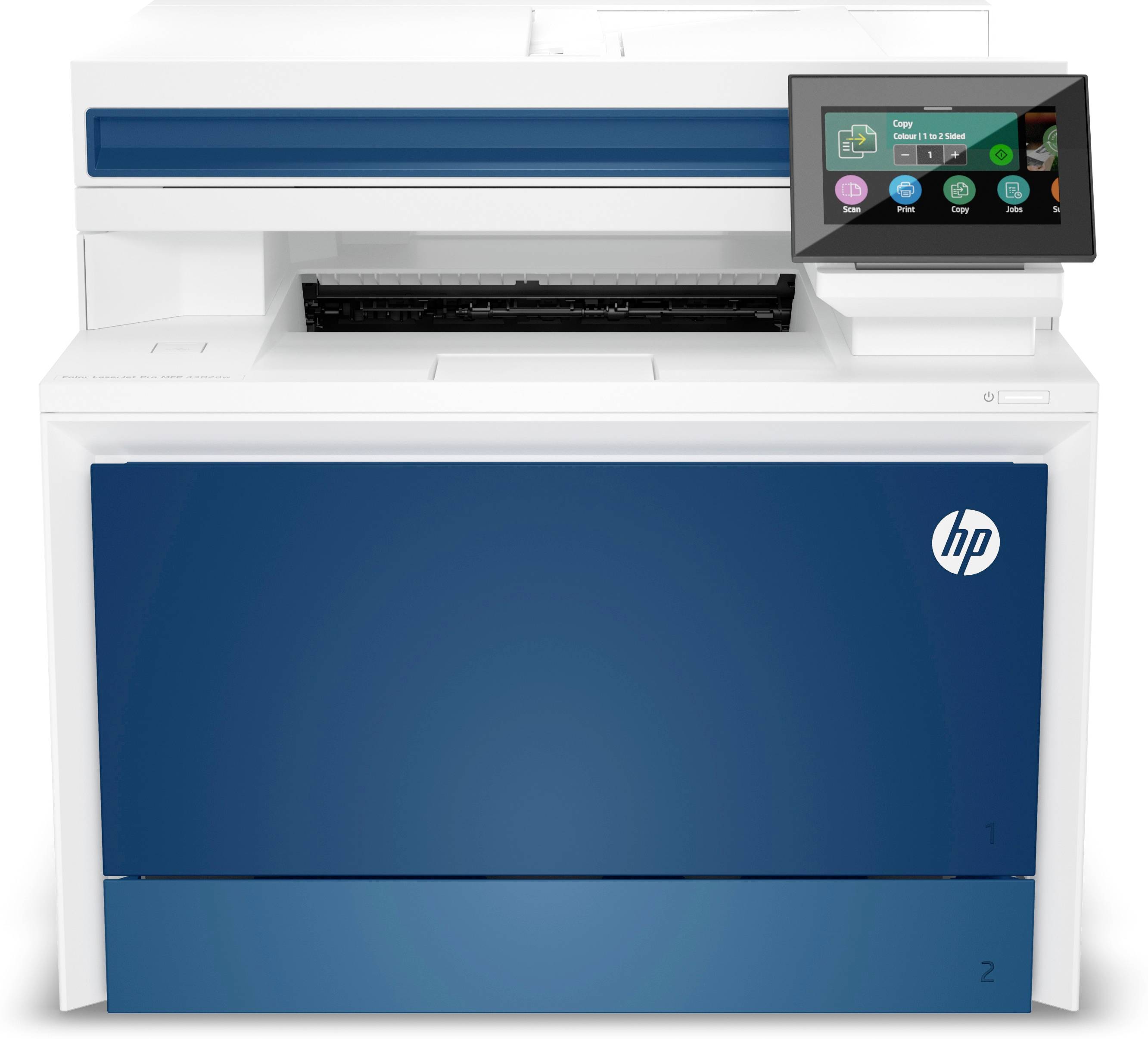 Vorderansicht eines HP-Multifunktionsdruckers mit einem Touchscreen-Bedienfeld oben rechts und einer blauen Frontabdeckung für den Zugriff.