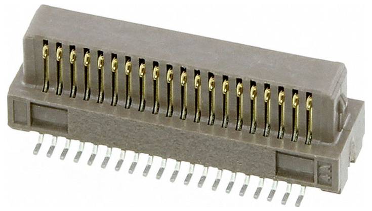 Ein brauner Elektroverbinder mit mehreren nach vorne gerichteten Goldkontakten, der zur Herstellung sicherer elektronischer Verbindungen auf Leiterplatten verwendet wird.
