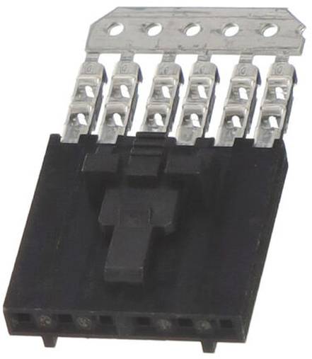 Ein blauer Kunststoff-Elektrostecker mit sechs Metallkontakten, der zum Verbinden von Komponenten in elektronischen Schaltkreisen verwendet wird.