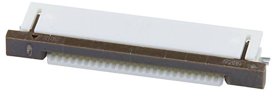 Ein weiß und braun gefärbter elektronischer Stecker, horizontal positioniert, der in einen kompatiblen Anschluss auf einem Gerät oder einer Leiterplatte eingesteckt wird.