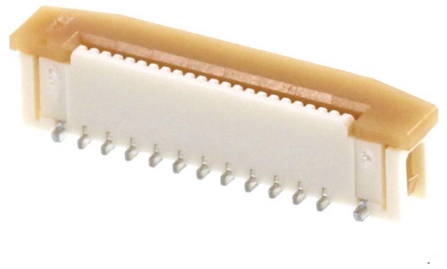 FPC-Stecker in Braun und Weiß mit mehreren Metallstiften, die in einer einzelnen Reihe angeordnet sind, wird für flexible Schaltkreise verwendet.