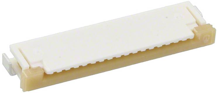 Ein weißer, rechteckiger Steckverbinder mit einer beige Basis, mit mehreren kleinen Stiften, der für elektronische Verbindungen auf einer Leiterplatte verwendet wird.