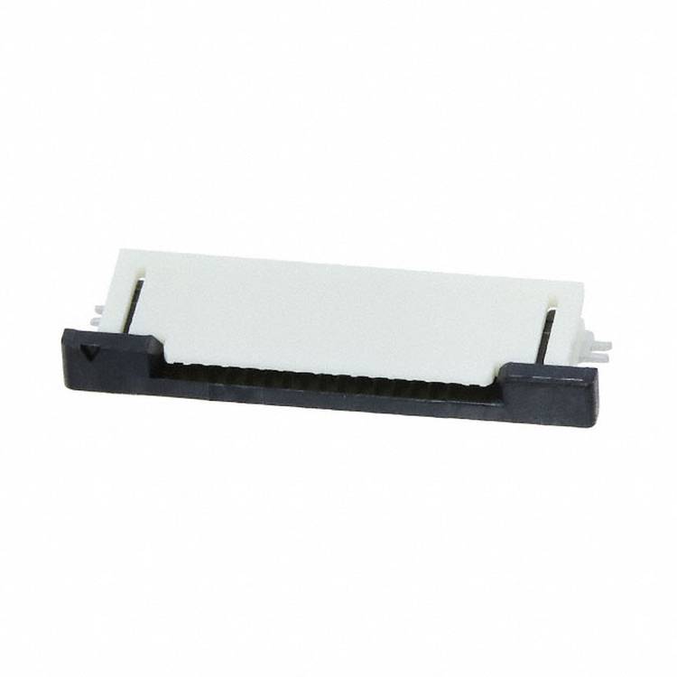 Eine weiß-schwarze elektronische Steckerkomponente mit Kontaktstiften auf beiden Seiten, die zum Befestigen von Geräten auf einer Leiterplatte verwendet wird.