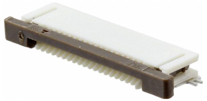 Ein kleiner braun-weißer elektronischer Steckerverbinder mit mehreren Stiften, wahrscheinlich zur Verbindung von Schaltkreisen auf einer Leiterplatte verwendet.
