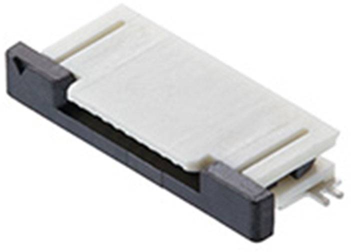 Ein kleines, rechteckiges elektronisches Bauteil mit weißem Körper und schwarzen Enden, das mehrere metallische Stifte auf einer Seite aufweist.