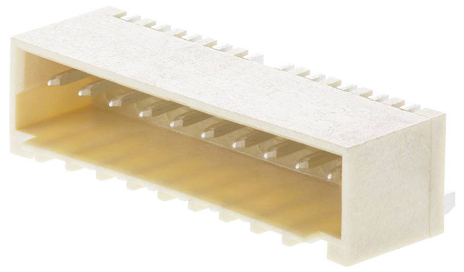 Ein weißer Kunststoff-Elektrostecker mit mehreren Metallstiften, die in zwei Reihen angeordnet sind und für Leiterplattenverbindungen ausgelegt sind.
