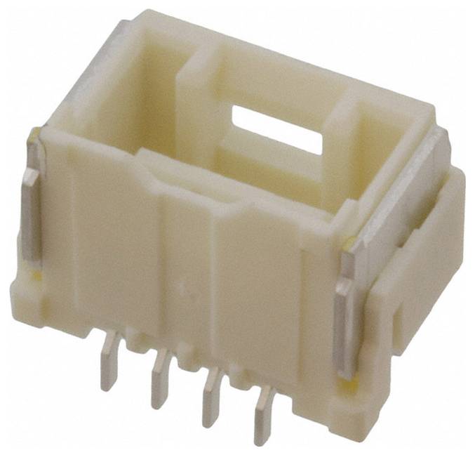 Eine kleine, metallische und kunststoffhaltige elektronische Komponente mit Stiften, die sich von unten erstrecken, wahrscheinlich zur Verwendung auf einer Leiterplatte.