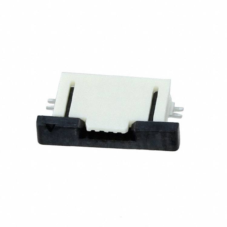 Ein kleiner, rechteckiger weißer elektronischer Stecker mit schwarzer Basis und mehreren Metallstiften für Leiterplattensteckverbindungen.
