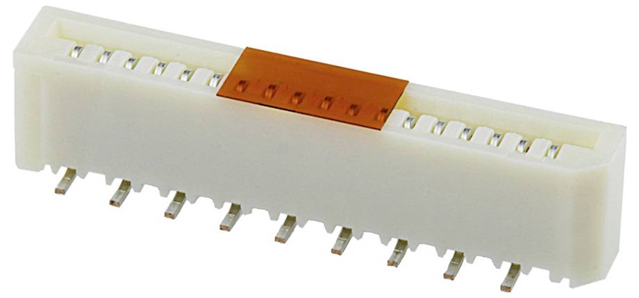 Weißer elektrischer Stecker mit mehreren Kontakten, ausgestattet mit einer orangefarbenen Kunststofflasche zur sicheren Befestigung, wird in elektronischen Geräten verwendet.