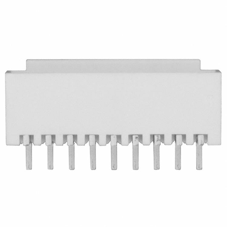 Ein weißer, rechteckiger elektronischer Stecker mit zehn Metallstiften auf der Unterseite, der zum Verbinden von Schaltkreisen oder Komponenten in elektronischen Geräten verwendet wird.