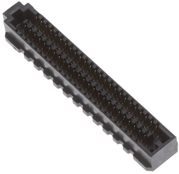 Ein schwarzer rechteckiger elektronischer Stecker mit mehreren Steckplätzen, der zum Verbinden von Leiterplatten in elektronischen Geräten verwendet wird.
