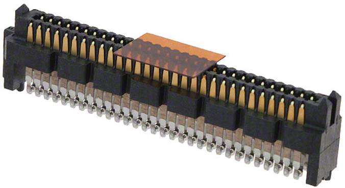 Ein rechteckiger elektronischer Stecker mit mehreren Metallstiften ist abgebildet, wahrscheinlich zur Verbindung von Leiterplatten oder ähnlichen Anwendungen.