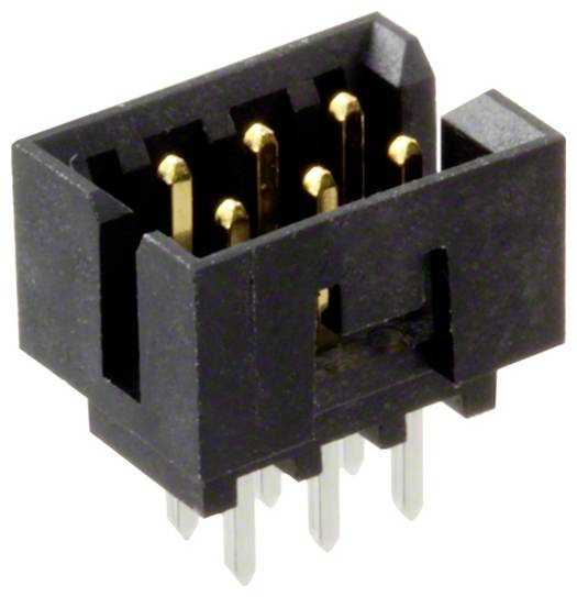Ein schwarzer und goldener dreirei­higer Stiftleisten-Stecker mit sechs Pins, der typischerweise für elek­trische Verbindungen auf Leiterplatten verwendet wird.