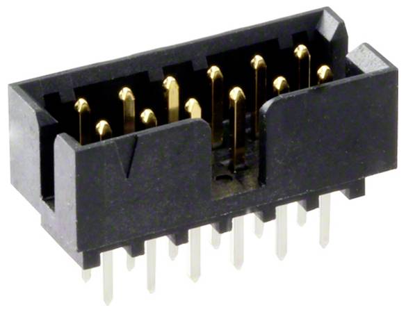 Ein 8-poliger Stecker mit vergoldeten Kontakten, untergebracht in einem schwarzen rechteckigen Gehäuse mit seitlichen Ausschnitten, aufgestellt auf einer ebenen Fläche.