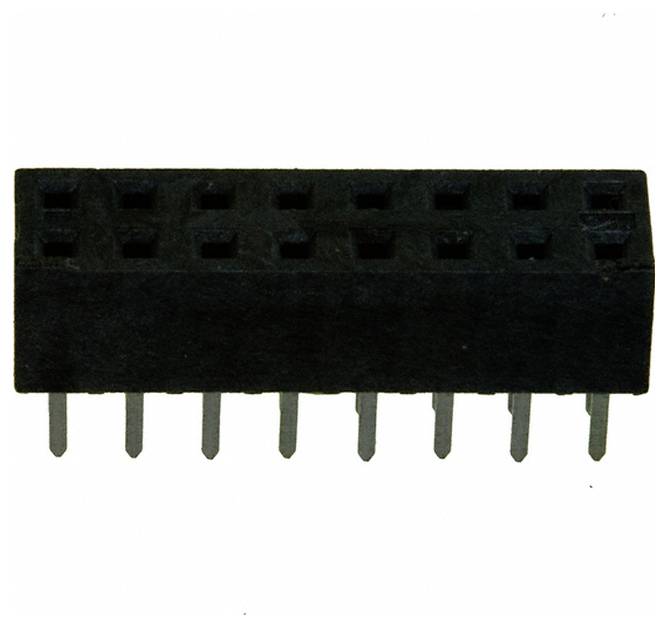Ein männlicher Stiftleistenverbinder mit zehn Stiften, der häufig auf elektronischen Leiterplatten verwendet wird, gezeigt in einer Seitenansicht vor einem einfachen Hintergrund.