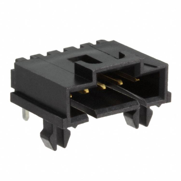 Ein schwarzer, rechteckiger elektronischer 4-Pin-Stecker mit goldenen Kontakten, der zum Verbinden von Schaltkreisen mit Geräten verwendet wird.