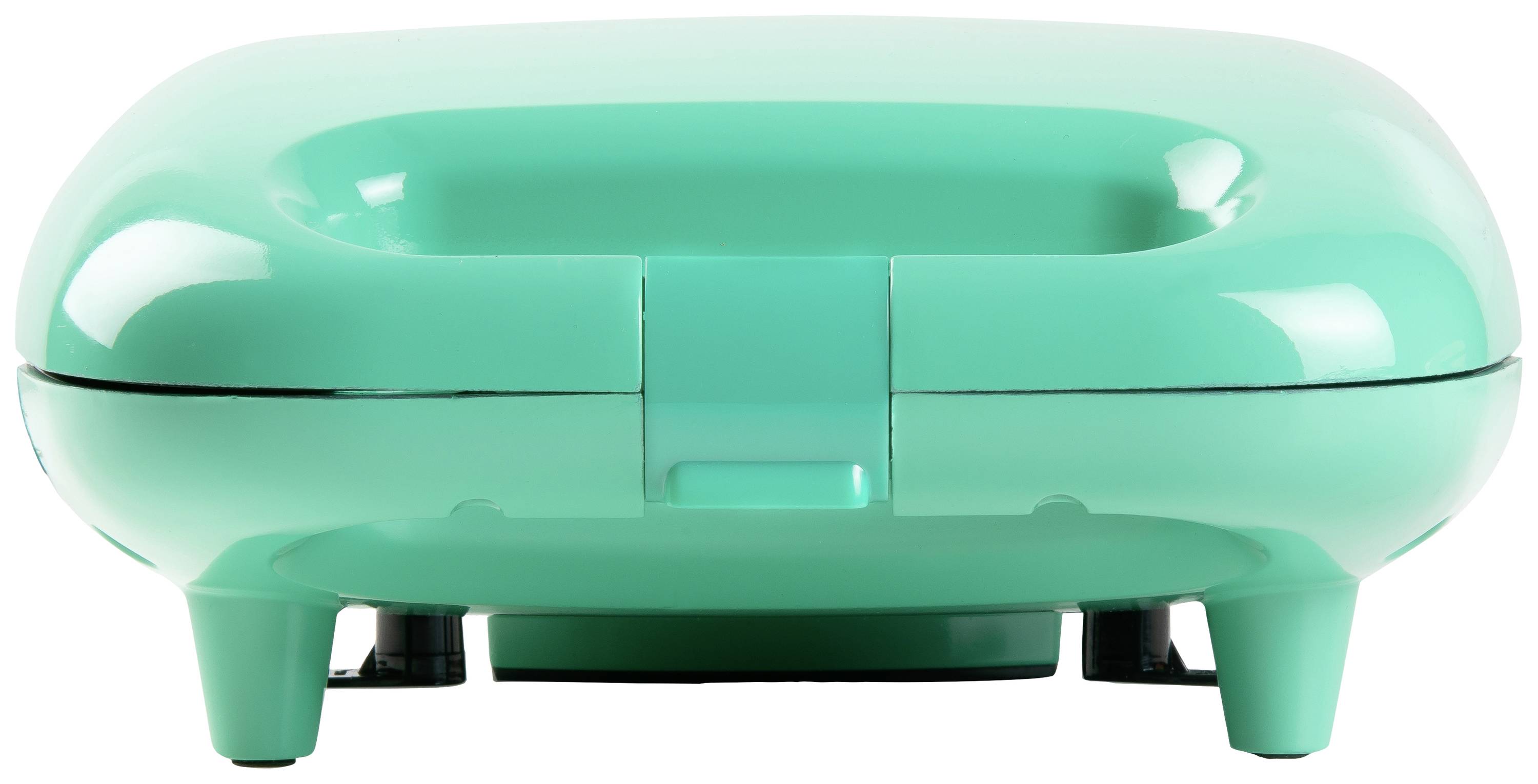 Grüner elektrischer Sandwichmaker auf weißem Hintergrund, Vorderansicht. Gerät ist geschlossen, steht auf kleinen Füßen.