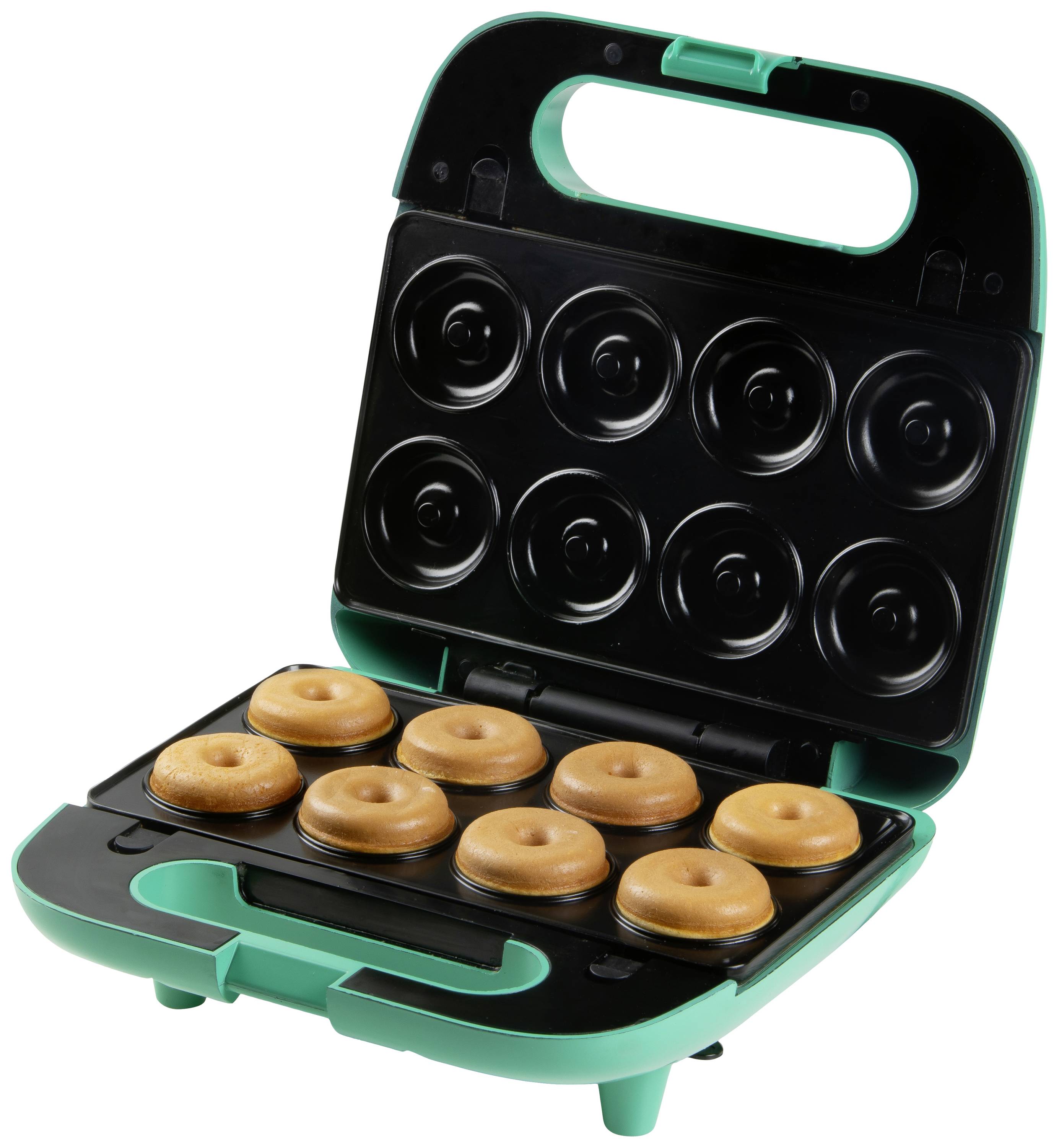 Ein grüner Donut-Maker mit offener Klappe zeigt acht kleine goldene Donuts in der Backform.