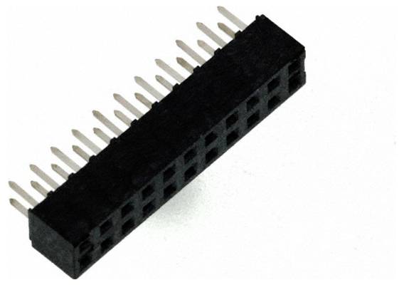 Ein schwarzer Doppelreihen-Steckverbinder mit mehreren Stiften, der für elektronische Schaltungsverbindungen verwendet wird.