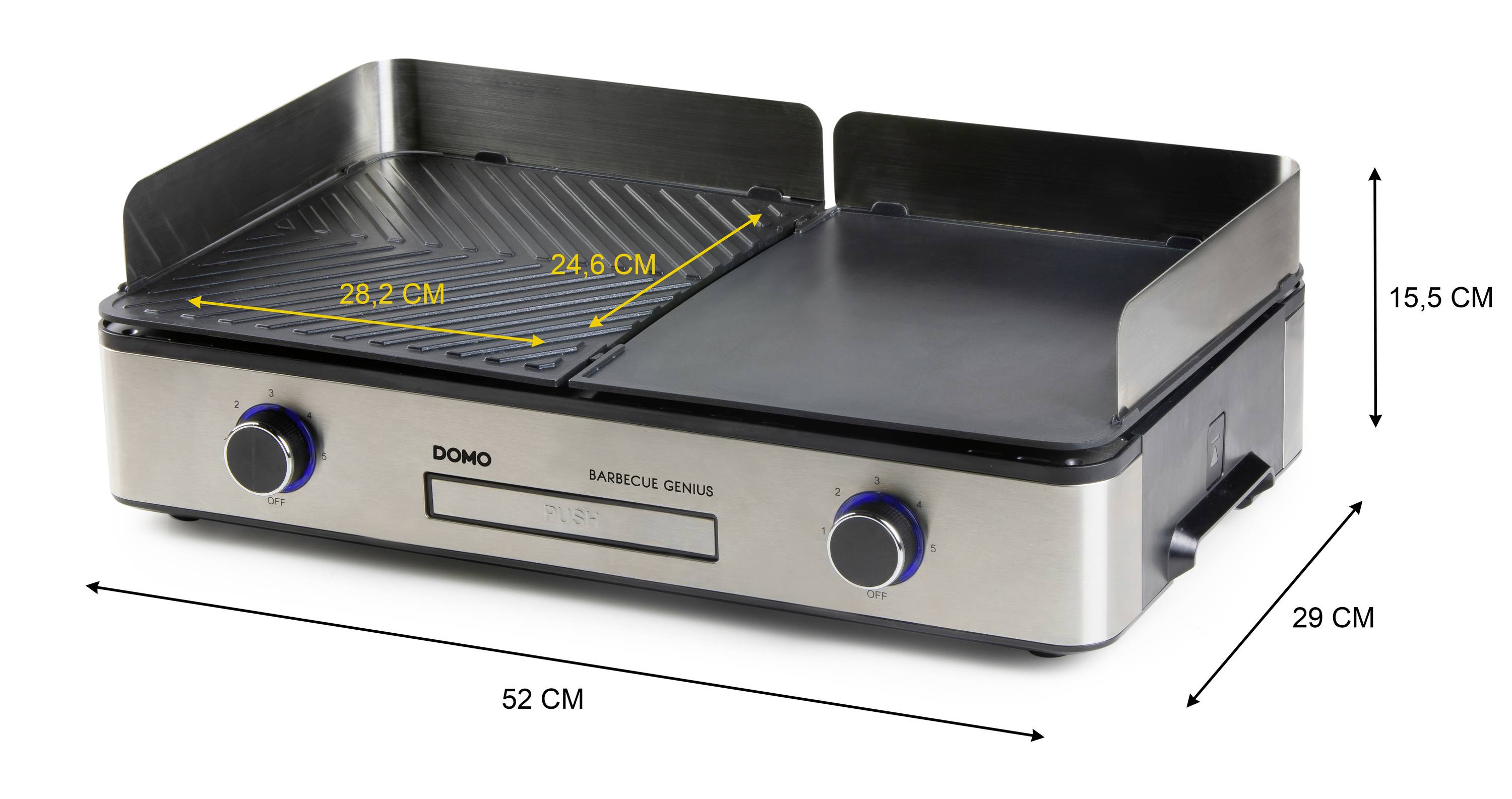 Elektrischer Tischgrill mit zwei Grillplatten in unterschiedlichen Größen, zwei Drehknöpfen zur Temperaturregelung. Maße: 52x29x15,5 cm.