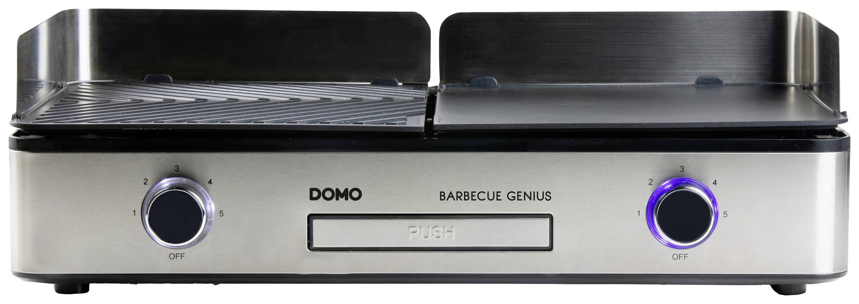 Domedomen 'Barbecue Genius' Tischgrill mit zwei schwarzen Drehknöpfen, silberfarbene Oberfläche, ideal für Indoor-Grillen.