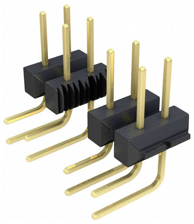 Zwei Reihen vergoldeter abgewinkelter Stiftleisten mit schwarzen Kunststoffbasen, die zum Verbinden von Funktionen auf elektronischen Schaltungen oder Platinen verwendet werden.
